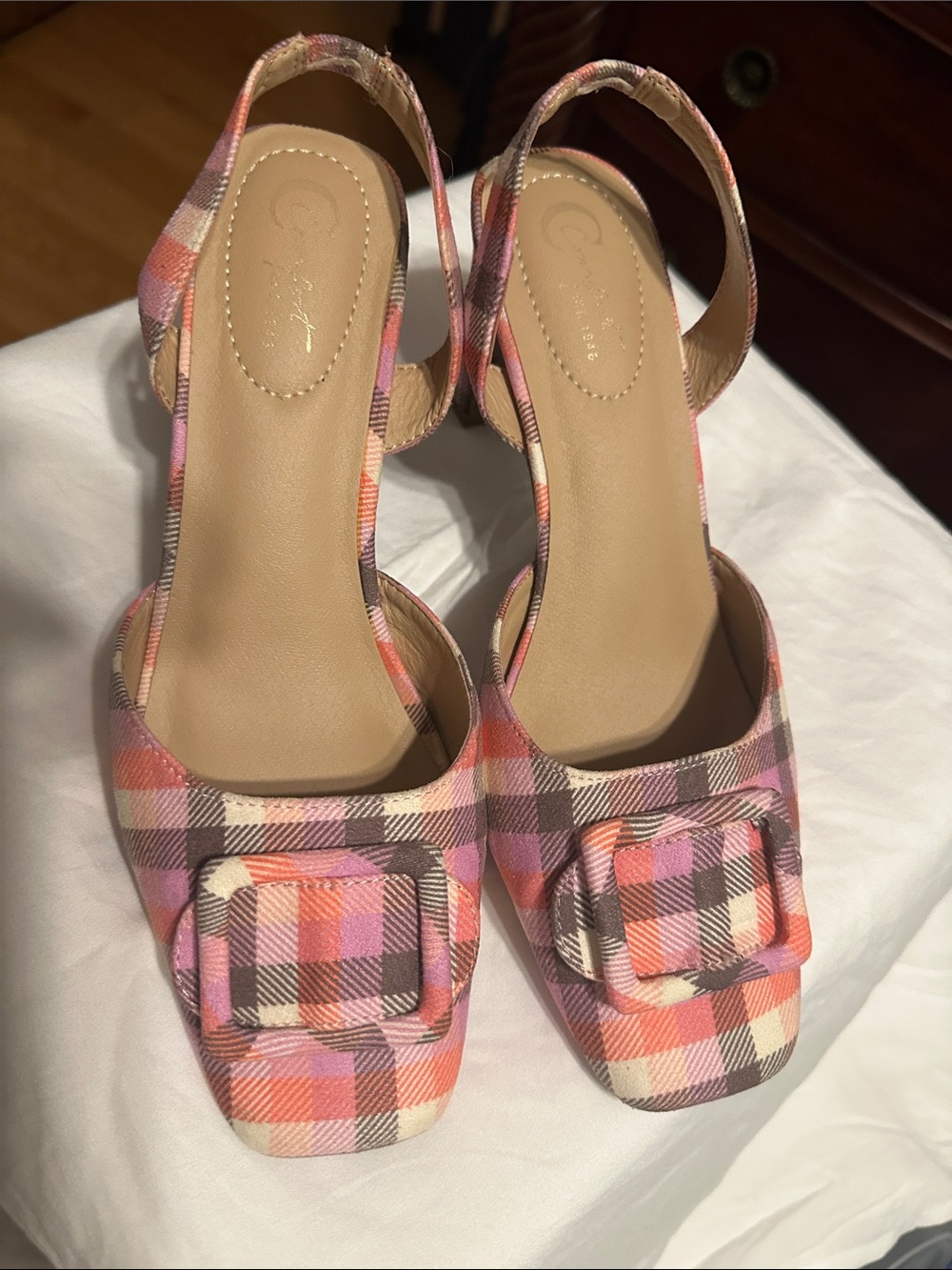 Cityclassified Pink Orange Plaid Buckle Slingback Mules - Picture 2 of 10